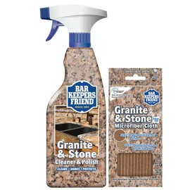 Bar Keepers Friend Limpiador y abrillantador para piedra y granito (750 ml) más 1 paño de microfibra, kit de limpieza de 2 piezas, limpiador multisuperficie para uso en encimeras de piedra natural
