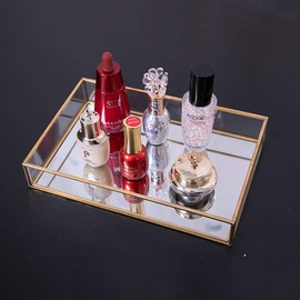 Mirror Gold Tray,Large Perfume Glass Tray Metal Makeup Decorative Tray Rectangle Mirrored Jewelry Tray Organizer for Vanity,Bathroom,Dressing Table(Polygon(Large))