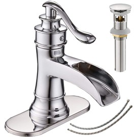 Waterfall Bathroom Faucet Chrome Bathroom Sink Faucets & Parts with Pop Up Drain Stopper with Overflow Single Handle Single Hole Vanity Commercial Trough Supply Lines Hose Lead-Free By Bathfinesse