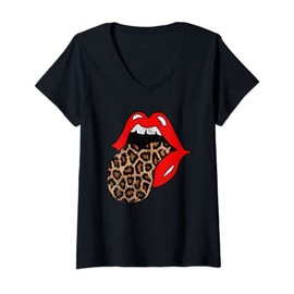 Womens Red Lips Leopard Tongue Shirt Vintage Trendy Animal Print V-Neck T-Shirt
