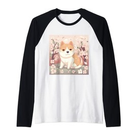 Cute Shiba Inu Cherry Blossom Prints Pretty Design Raglan Baseball Tee