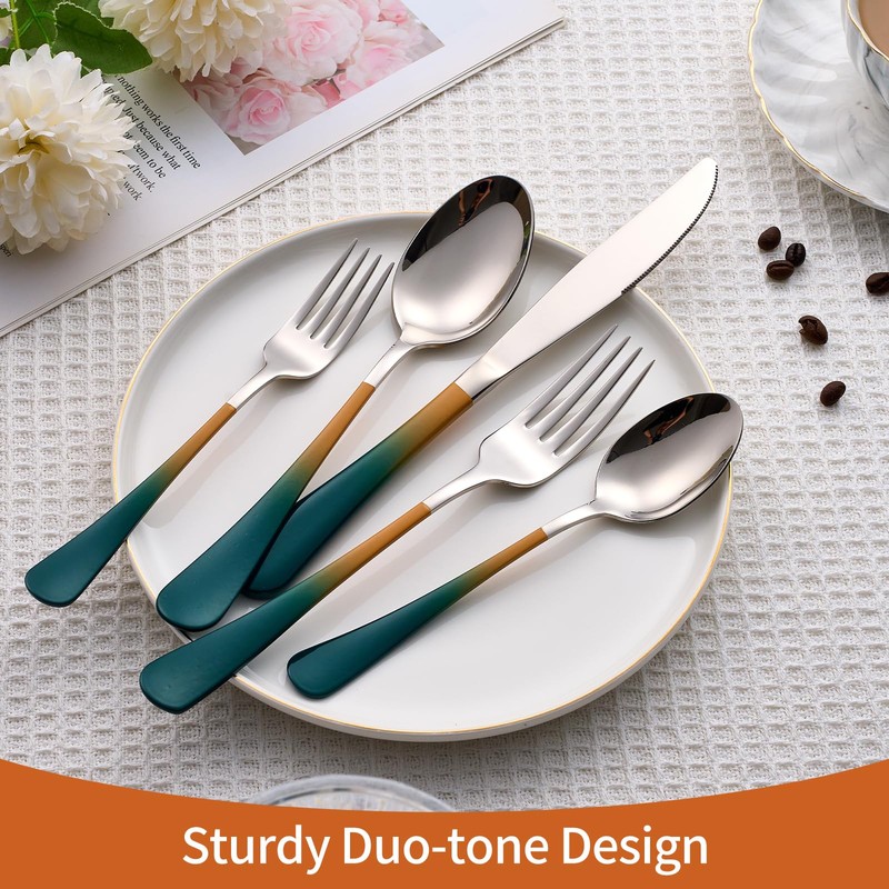 Lekoton 20 Piece Green and Orange 18/0 Flatware Utensil Set