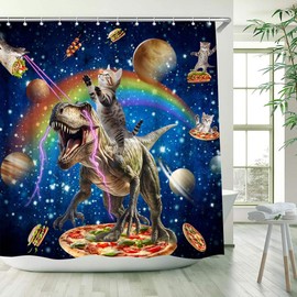 Funny Cat Shower Curtain Cool Cat Riding Dinosaur Rainbow Fantasy Galaxy Outer Space Universe Cool Animals Bathroom Decor Polyester Fabric Curtains with Hook 70Wx70H Inches