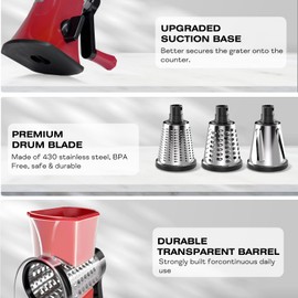 EABOSON Rotary Cheese Grater Manual Hand Crank, Kitchen Shredder With 3 Interchangeable Drums & Reinforced Suction, Easy to Use & Clean, Vegetable Chopper Round Mandoline Slicer (Red)