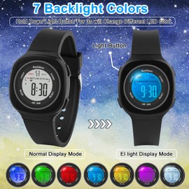 Ayybboo Children's Digital Watch with 7 Colours LED Light, Stopwatch, 12/24H, 3 ATM Waterproof Watch Children for Boys Girls, Ideal as a School Gift, black, Modern