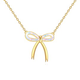 YFN 925 Sterling Silver Opal Bow Necklace, Gold Plated Chain, Dainty Pendant