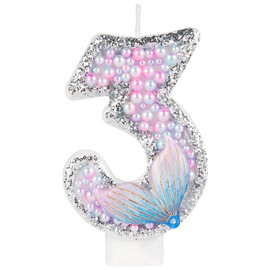 Girls Pink Mermaid Tail Birthday Candles - Glitter Candy & Topper Set for Cakes - Celebrate 3rd Birthday