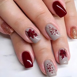 Vopintpy Vintage Maple Leaf Press on Nails Medium Square Fall Fake Nails Thanksgiving Maple Leaves Glue on Nail Glossy Autumn Gold Glitter Acrylic Stick on Nail for Women DIY Manicure