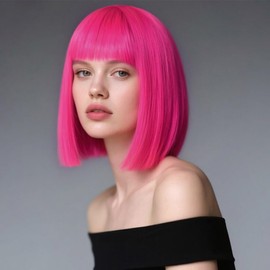 Hot Pink Short Bob Wig with Bangs,12 Inch Short Straight Bob Wigs for Women,Shoulder Lenght Heat Resistant Synthetic Hair for Party Cosplay Use