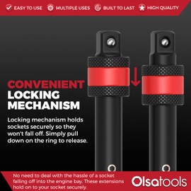 Olsa Tools Locking Impact Socket Bar | 1/2" Drive, 12" Long | Impact Rated Cr-Mo Socket Bar | High Torque Locking Impact Extension | For Professional Mechanics | Part: 1458