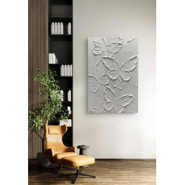 Boiee Art,30x45Inch Handmade Textured Acrylic Canvas Wall Art Creamy White Butterfly Paintings Abstract Decorative Artwork Stretched and Framed Ready to Hang for Wall