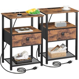 LOAKEKEL Night Stand Set 2, Nightstand with Charging Station, Bedside Table with Fabric Drawer for Small Spaces, Side Tables with Storage Shelf for Bedroom, Rustic Brown HETS010PBR