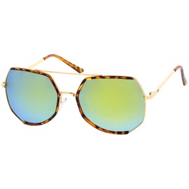 zeroUV Womens Fashion Gold Metal Crossbar Mirror Lens Oversized Sunglasses 64mm (Tortoise-Gold/Yellow Mirror)