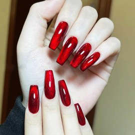 KKUUOO Wine Red Cat Eye Press on Nails Medium Coffin Fake Nails Gradient Design False Nails Shiny Acrylic Nails Full Cover Stick on Nails Jelly Press on Nails for Women Valentine's Day Manicure