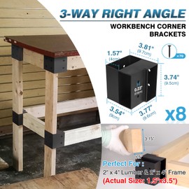 IRONWALLS 8pcs Heavy Duty Workbench Brackets Kit for 2x4 Wood (Actual 1.5"x3.5"), 3-Way Steel Right Angle Corner Brackets with Screws for Woodworking Garage Workbenches, Work Table, Shelving Projects
