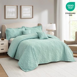 HZ & HY Botanical Oversized King Bedspread 128x120 Extra Wide, Leaves Pattern Stitching Quilt Set, Elegant & Fresh Style Bedding Cover, Reversible, Lightweight 5 Piece Set, Seaglass