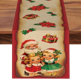Croar Vintage Christmas Santa Claus Girls Dining Table Runner, Xmas Gifts Poinsettia Holly Red Berries Burlap Kitchen Decoration, Winter Holiday Indoor Outdoor Home Decor Party Supply 13 x 72 Inches