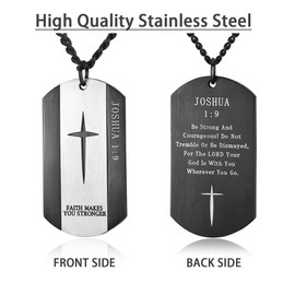 REVEMCN Black Silver Stainless Steel Bible Verse Cross Dog Tag Pendant Necklace for Men, 24-28 Inches Chain (24, JOSHUA 1:9 - Black)