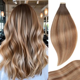 Chestnut Brown to Light Brown Mixed Light Blonde Tape in Hair Extensions Human Hair, 20pcs 16 Inch Remy Hair Extensions Straight Human Hair Tape in Extensions Skin Weft for Women (2/6/18K#,16 Inch)