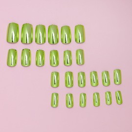 Square Press On Nails Medium Fake Nails Mirror Metal With Chrome Design Green False Nails Acrylic Nails Glossy Glue On Nails Artificial Full Cover Reusable Stick On Nails For Women Manicure 24pcs
