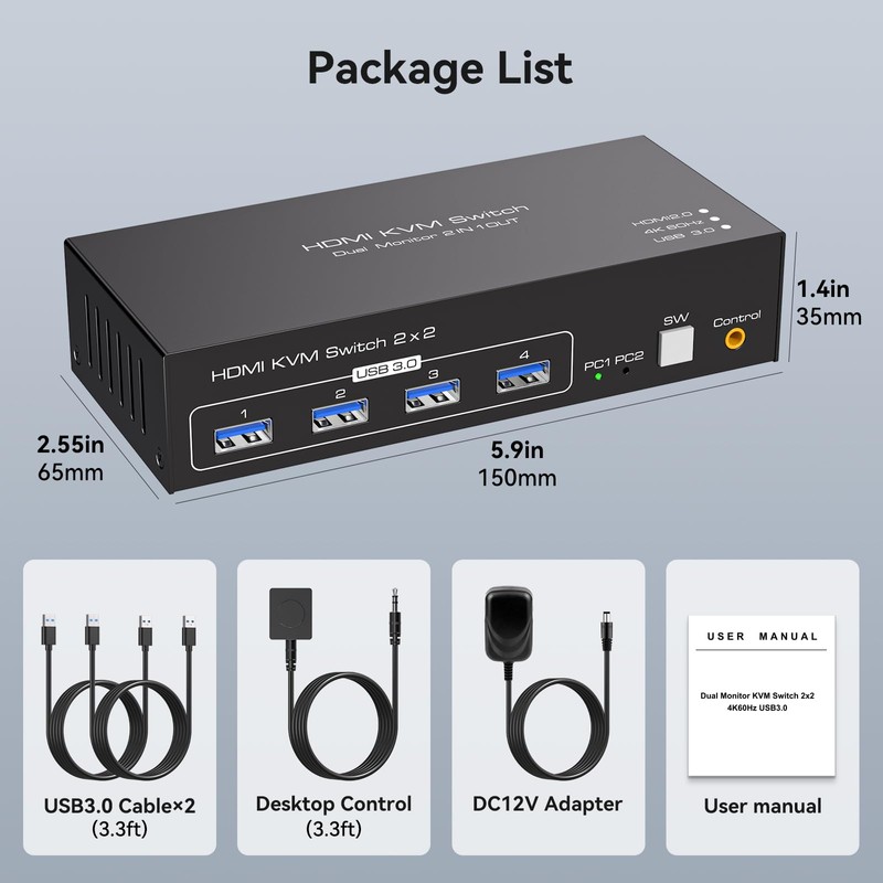 HDMI KVM Switch Dual Monitors 2 Computers KVM Switch 4K@60Hz