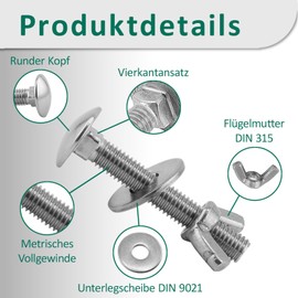 DSM – Schlossschrauben M6 x 20 mm nach DIN 603 – M6 Flügelmutter DIN 315 & Unterlegscheibe DIN 9021 – Edelstahl A2/V2A – Flachrundkopfschrauben mit Vierkantansatz – Schmetterlingsmutter – 25 Stück