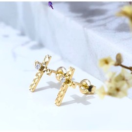 SISGEM 14k Gold Diamond Cross Stud Earrings for Women Real 14 Carat Gold Religious Jewelry Gifts for Her