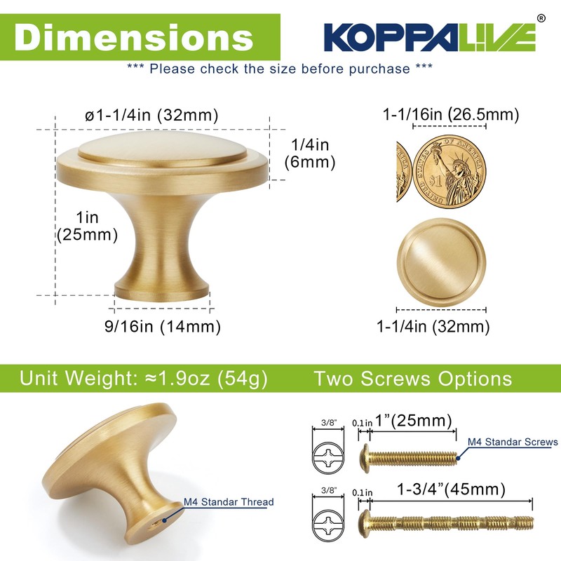 KOPPALIVE 5-Pack Solid Brass Cabinet Knobs, Round Gold Knobs for