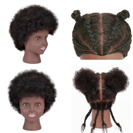 Mannequin Head Human Hair for Kids Braiding Hair, 8" Cosmetology Afro Kinky Curly Hair Mannequin Head Training Manikin Doll Head for Braiding Hair