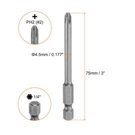 HARFINGTON #2 Phillips Screwdriver Bit PH2 1/4" Hex Shank 3" (75mm) Long Magnetic S2 Steel Industrial Grade Screw Driver Bit Cross Head Electric Drill Bits 0.177" (4.5mm) Rod
