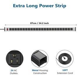 BTU Long Heavy Duty Power Strip 24 Outlet Large Metal Power Strips Garage Workshop Commercial Industrial Power Strips with Circuit Breaker.10FT Cord 15A 125V 1875W (Silver)
