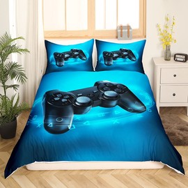 Children's Duvet Cover Set, Teens’ Gamepad Bedding Set, 155 x 220 cm, Modern VR Gamer Comforter Cover for Boys, Girls, Gaming Joystick, Bedroom Decor with 1 Pillowcase, Blue