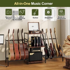 4-in-1 Guitar Stand with Record Player Shelf, 66.92"x17.72"x35", Holds 6–14 Acoustic & Electric Guitars, 3-Tier Vinyl Record Storage Rack with U-Shaped Dividers, Guitar Amp & Accessories Organizer