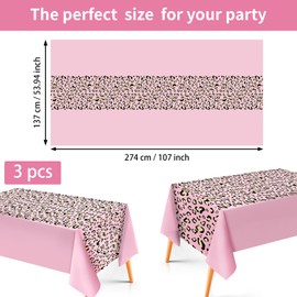 Grencian 3Pcs Cheetah Print Tablecloth Pink Leopard Print Table Cover Plastic Rectangle Leopard Table Cloth for Jungle Safari Animal Cheetah Birthday Baby Shower Party Decorations, 54 x 108 inch