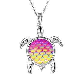 Aurora Tears Turtle Necklace Sea Turtle Pendant 925 Sterling Silver Birthstone Colour Gradient Colourful Mermaid Scales Cute Animal Pendant Charm Necklace, Cubic Zirconia