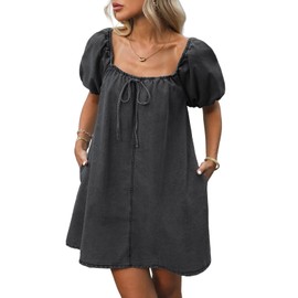 Vidifid Women's Summer Denim Dress Puff Short Sleeve Square Neck Loose Jean Mini Dresses with Pockets Black Grey