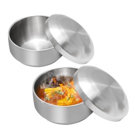 Aynaxcol Stainless Steel Rice Bowl with Lid, Set of 2, for Korean Kitchen Restaurant, Double-walled Metal Bowls, Multi-Purpose Insulated Soup Bowls Snacks Bowls (11.5cm Silver)