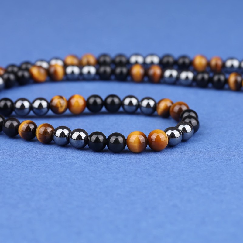 GAVU Men's Triple Power Stone Hematite Tiger Eye Obsidian Necklace,