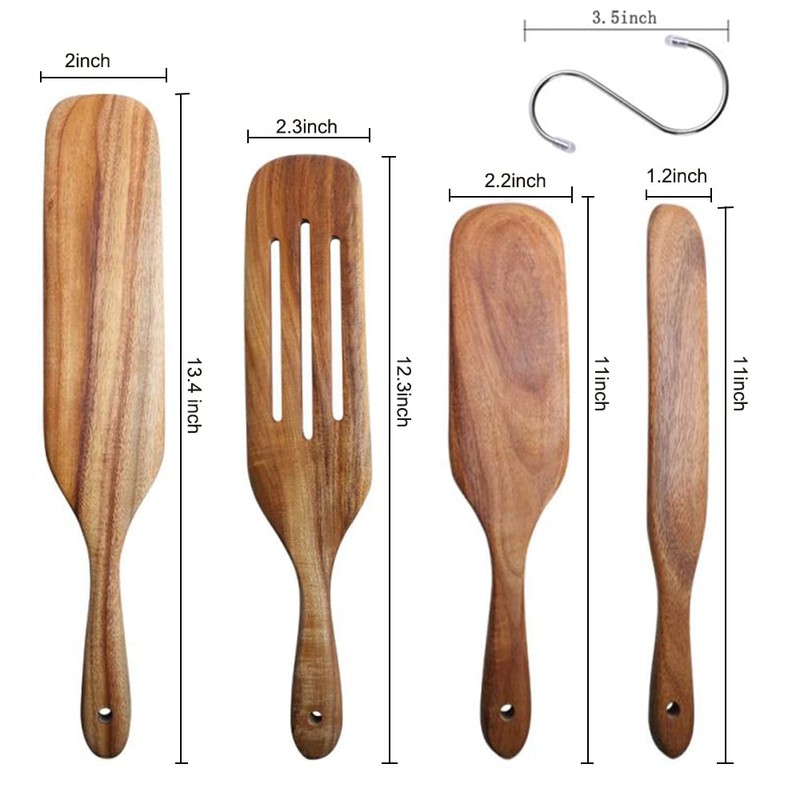 Spurtle Set, Natural Acacia Wooden Kitchen Utensils Set of 4,