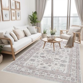 Yanlaza Boho Area Rugs 9x12,Washable Soft Large Area Rug Bedroom Under King Bed,Non Slip Farmhouse Rugs with Rubber Backing,Oriental Carpet for Living Room Bedroom Dining Room Office (Beige, 9'x12')