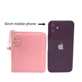 HXT-OAK Ladies Shiny PU Patent Leather Clover Pendant Small Purse 8 Card Slots and Zipper Coin Organizer, Pink, Compact