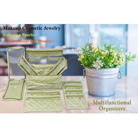 atorakushon Satin Transparent Makeup Pouches Case Cosmetic Necklace Earrings Jewellery Box Travel Organizer For Women Olive Green Set of 10, Olive Green, Big, Modern