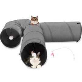 Ownpets Túnel para Gatos, Juguetes para Gatos Tunel, 3 Vías con Pelota Colgante, Tela Oxford, Extensible, Plegable y Resistente al Desgarro, Túnel para Interior, Gatitos, Perros y Conejos, 30cm, Gris