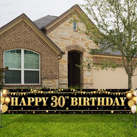 KatchOn, Large Happy 30th Birthday Yard Banner - 120x20 Inch | 30th Birthday Decorations for Women, Men | Happy Birthday Yard Banner For Black And Gold Party Decorations