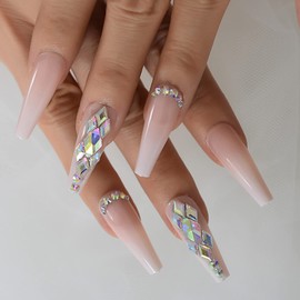 24pcs Extra Long Nude White Press On Nails With Rhinestone Ombre Ballerina Coffin Bling Luxury Fake Nails Full Cover Nail False Tips for Women and Girls