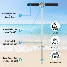 24" Sand Anchor,316 Stainless Steel Shallow Water Sand Anchor with Ground Anchor Screw Auger,Boat Sand Anchor with Removable Handle,for Boats, Jet Skis, PWCs, Pontoon,Include Bungee Line