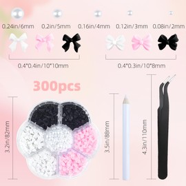 300Pcs 3D Bow Nail Charms and Flatback Pearls Set,Black White Pink Bowknot,Bow-Knot Nail Stud Rhinestones Crystal,Nail Art Charms,Nail Art Supplies,for Manicure DIY,Nail Art Design,Jewelry Decoration