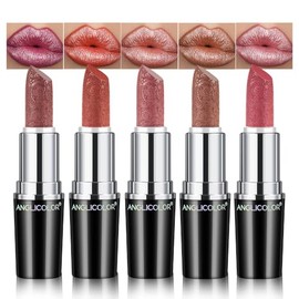 Anglicolor 5PCS Labial MetáLico Nacarado Brillante 3D Hidratante | Nude&Pink&Brown&Plum Lipstick,Color Intenso,Fórmula Cremosa Ligera y Suave, Mantien