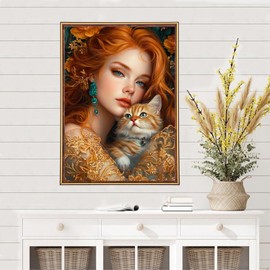 MEIYUDA Lady Diamond Painting Kits for Adults, 5D Women Diamond Art Kits, DIY Full Drill Vintage Cat Diamond Painting Set Beginners Kit Home Wall Decor and Present 30x40cm