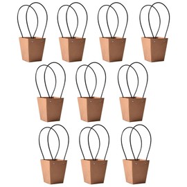 STKMELON Kraft Paper Flower Gift Bags - Waterproof Brown Paper Carrier Bags with Handle - 10 Pack for Thanksgiving, Birthday, Wedding Party Favors